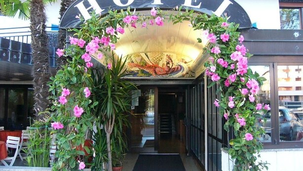 A hotel entrance with a sign reading "HOTEL" above a decorative archway. - Hotel Serena (Grado)