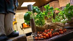 A kitchen counter with fresh basil, tomatoes, and a metal container. - Hotel Cigno (Latisana)