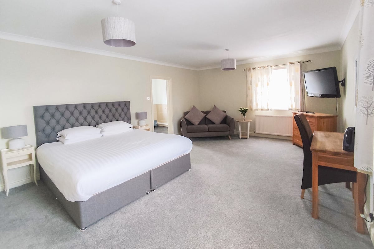 A hotel room with a large bed, a sofa, a desk, a TV, and a lamp.