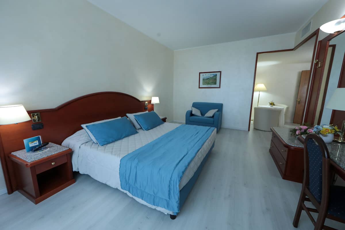 A hotel room with a bed, a desk, a chair, a nightstand, and a mirror.