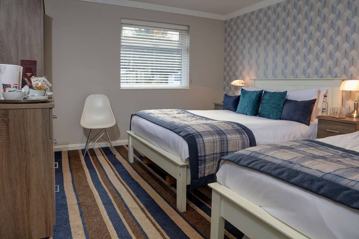 A bedroom with two beds, a window with blinds, a bedside table with lamps, and a striped carpet.