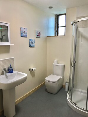 A bathroom with a sink, toilet, and shower. There are three wall-mounted pictures. - Witherslack Hall Farm (Grange-over-Sands)