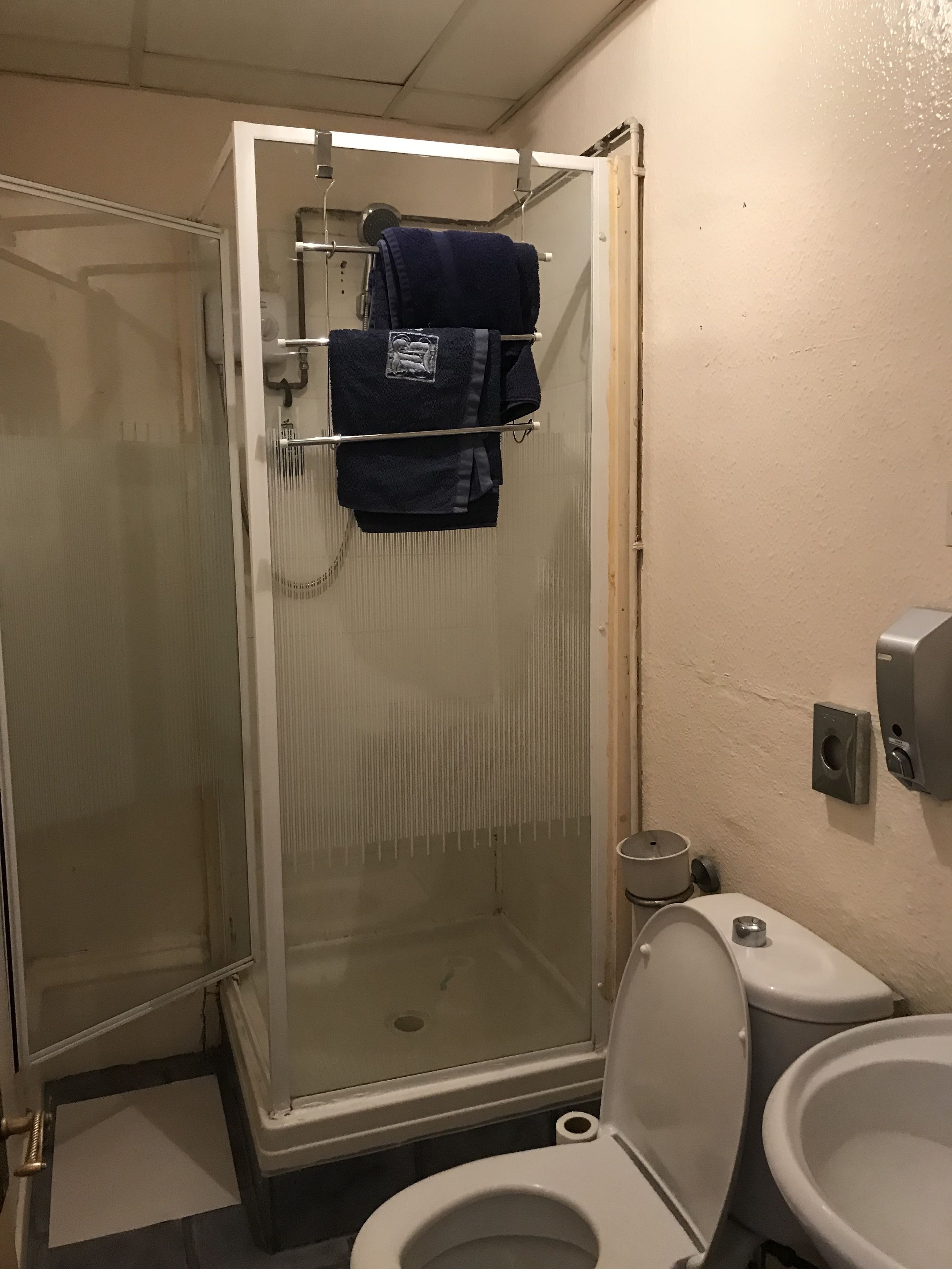 Un baño con ducha de vidrio, inodoro y toallero con toallas.