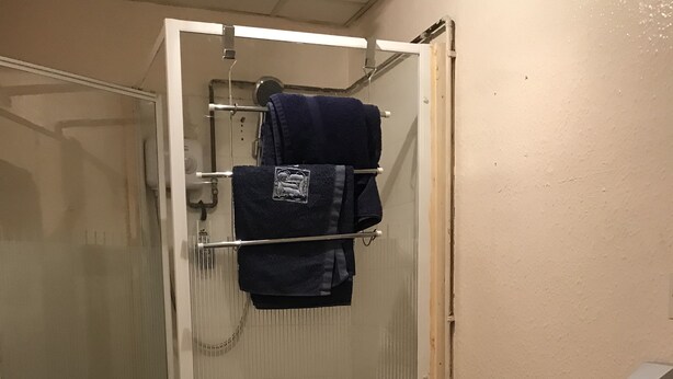Une salle de bain avec une douche à parois de verre, des toilettes et un porte-serviettes avec des serviettes.