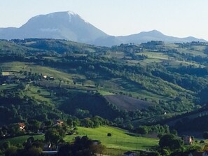 A panoramic view of a hilly landscape with scattered houses and a prominent mountain in the background. - Relais Del Borgo Hotel e Spa (Staffolo)