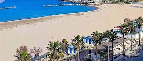 Un hotel frente al mar con vista a la playa, palmeras y un cielo azul despejado.