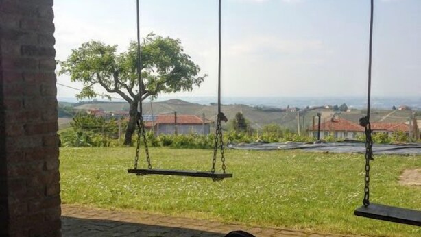 Un patio con un columpio que da a un espacio cubierto de césped con un árbol y edificios al fondo.
