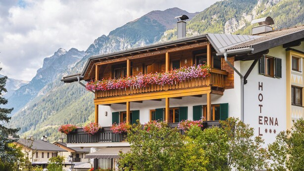 A hotel with a balcony adorned with flowers, a mountain backdrop, and a sign reading 'HOTEL ERNA L'. - Hotel Erna (Brennero)