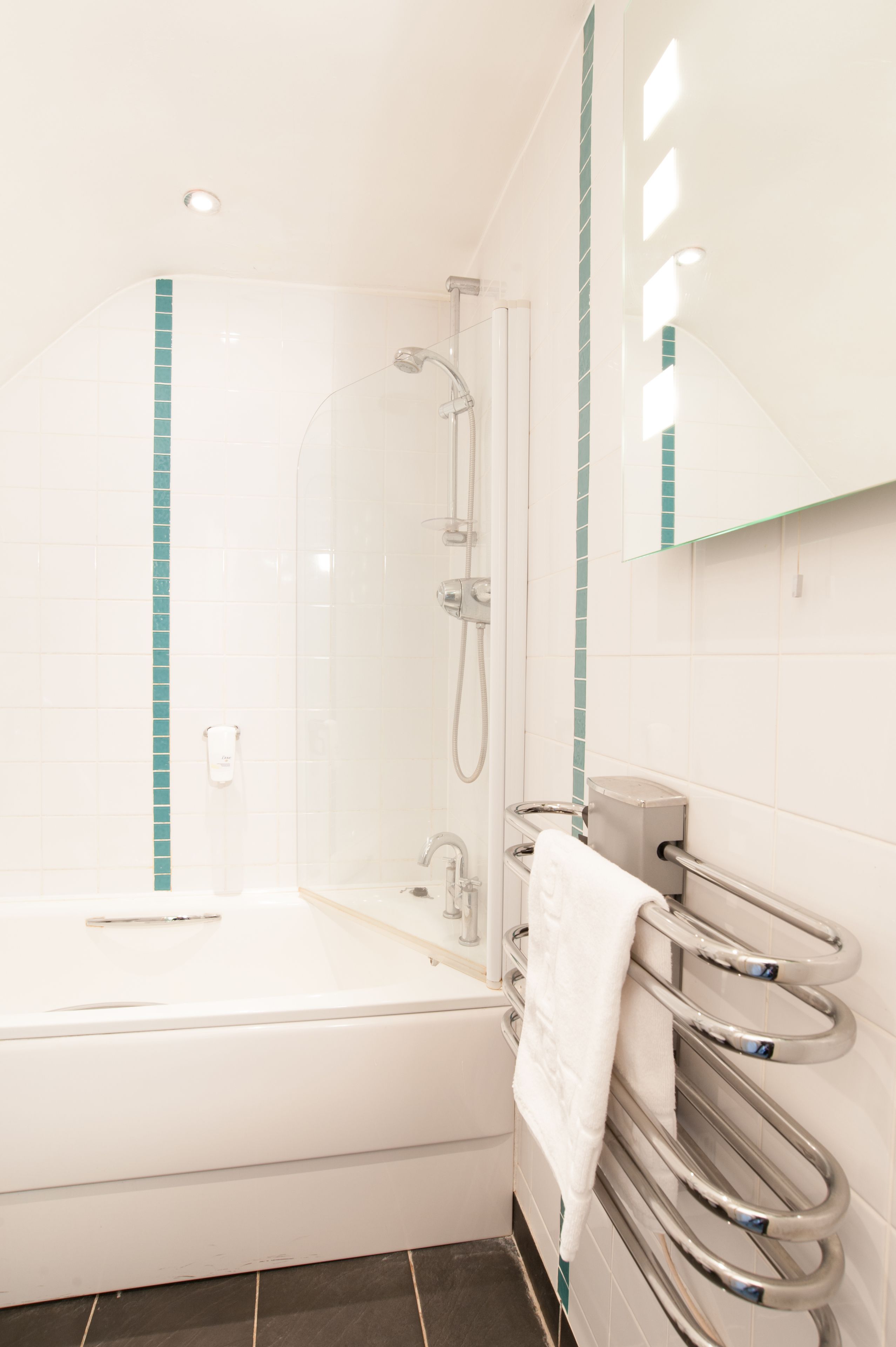 Un baño moderno con bañera, ducha y perchero.