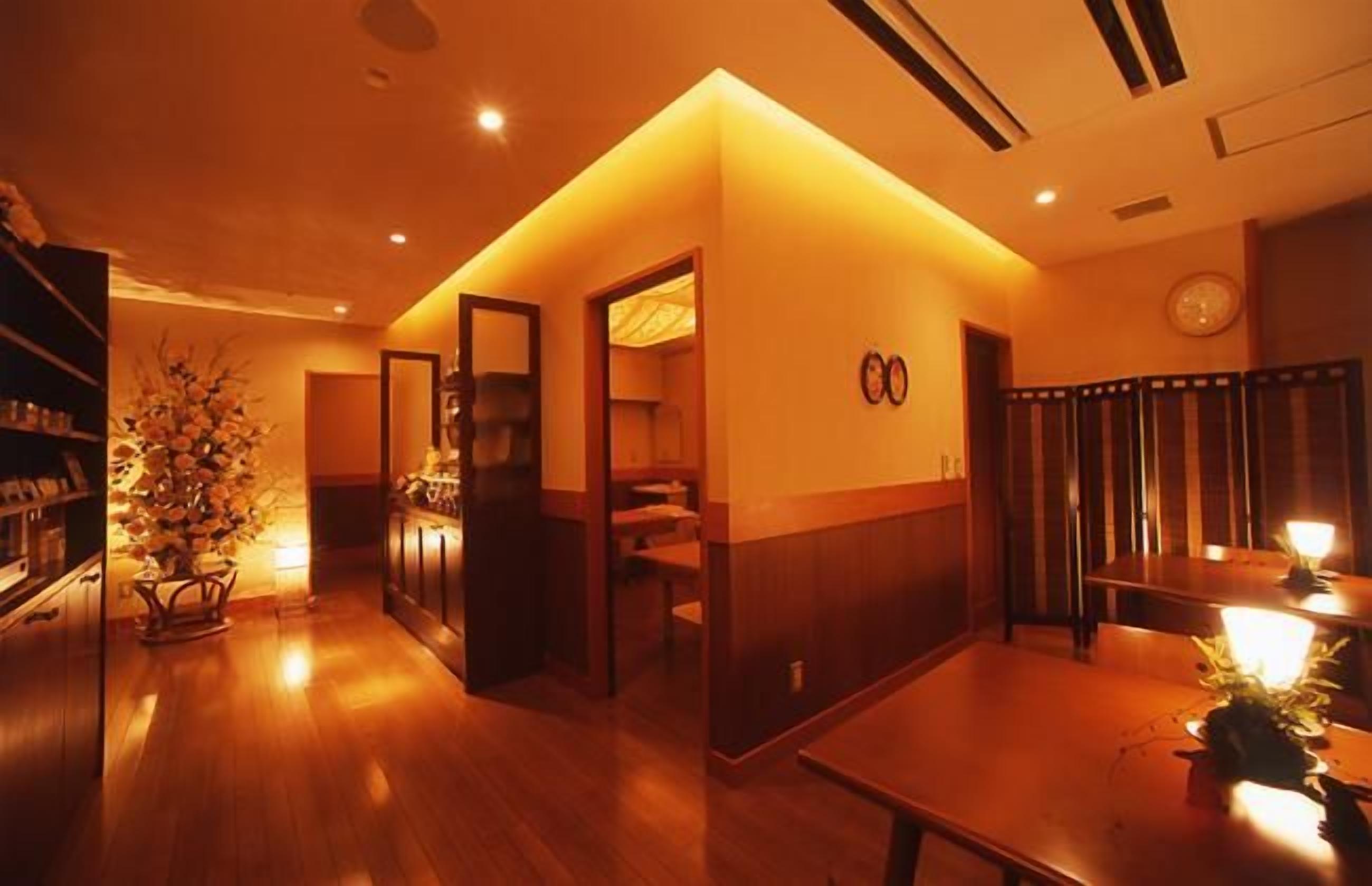 Un vestíbulo de hotel con piso de madera, un mostrador de recepción, una zona de estar y una planta grande.