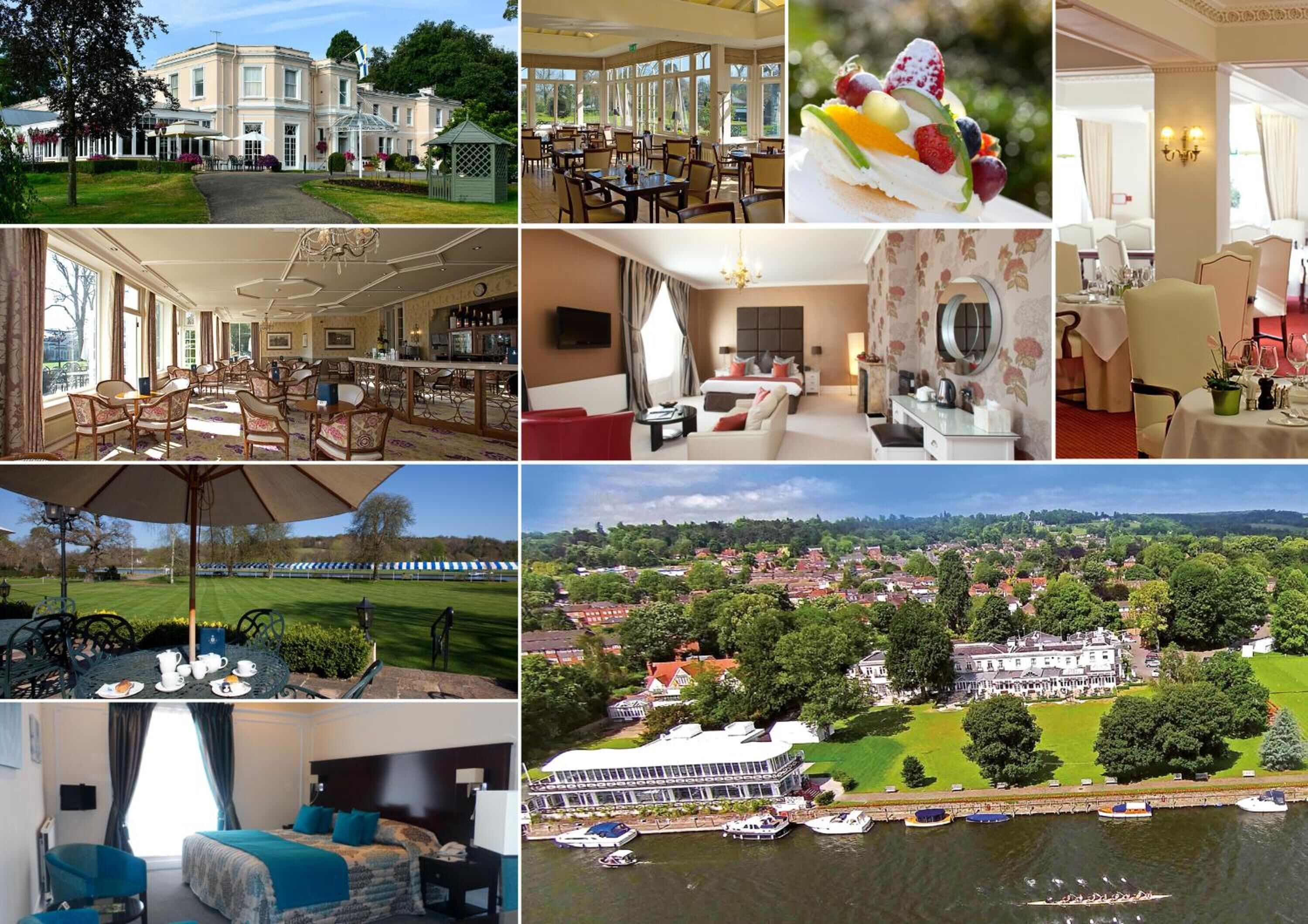 A hotel with a large dining area, a well-appointed room, and a scenic view of a river with boats.