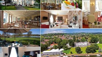 A hotel with a large dining area, a well-appointed room, and a scenic view of a river with boats.