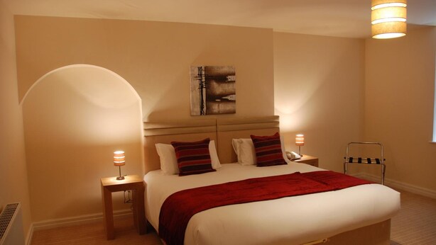 Een slaapkamer met een groot bed, twee nachtkastjes, een kunstwerk aan de muur en een hanglamp.