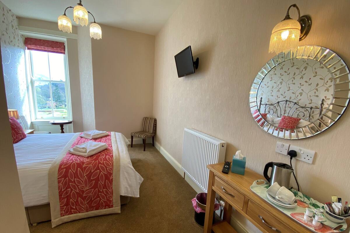 Une chambre d’hôtel équipée d’un lit, d ’un bureau, d’une chaise, d’un radiateur, d’un miroir et d’une télévision.
