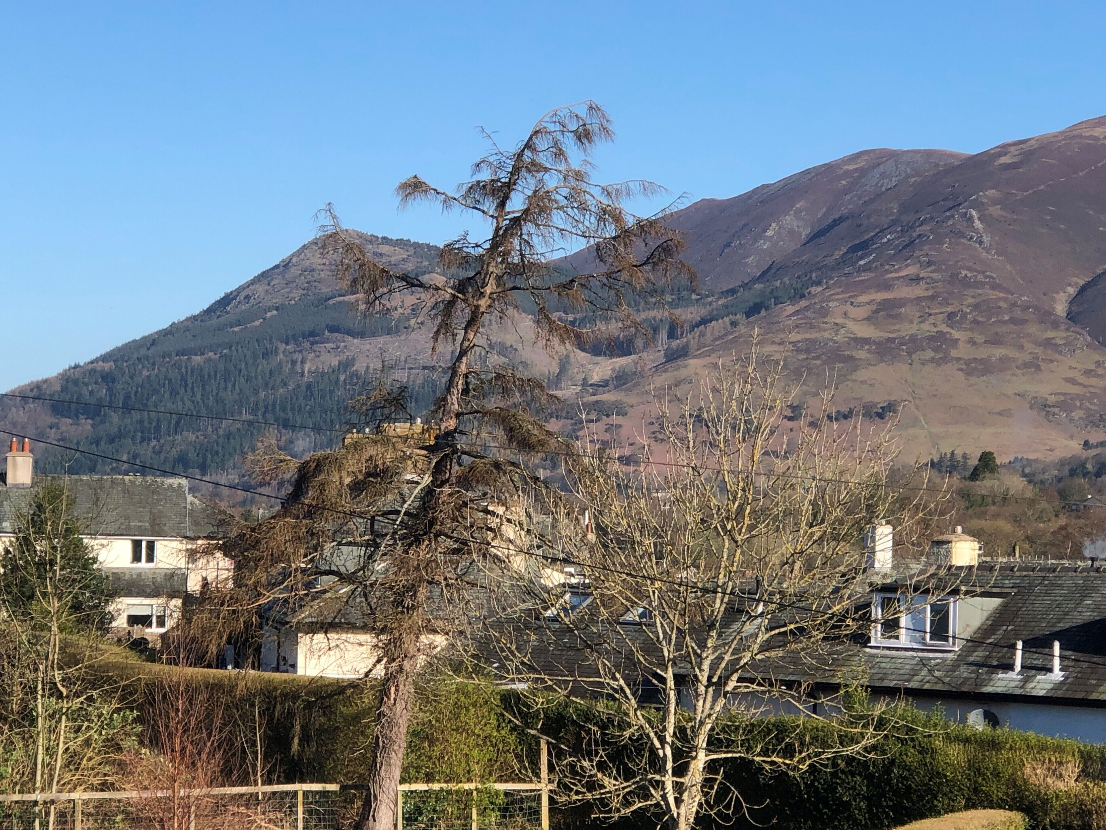 A mountainous landscape with houses in the foreground.