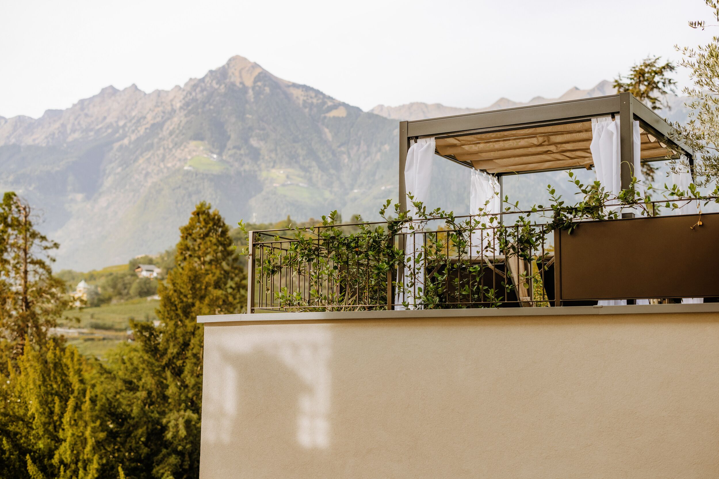 A balcony with a view of mountains, a pergola, and climbing plants.