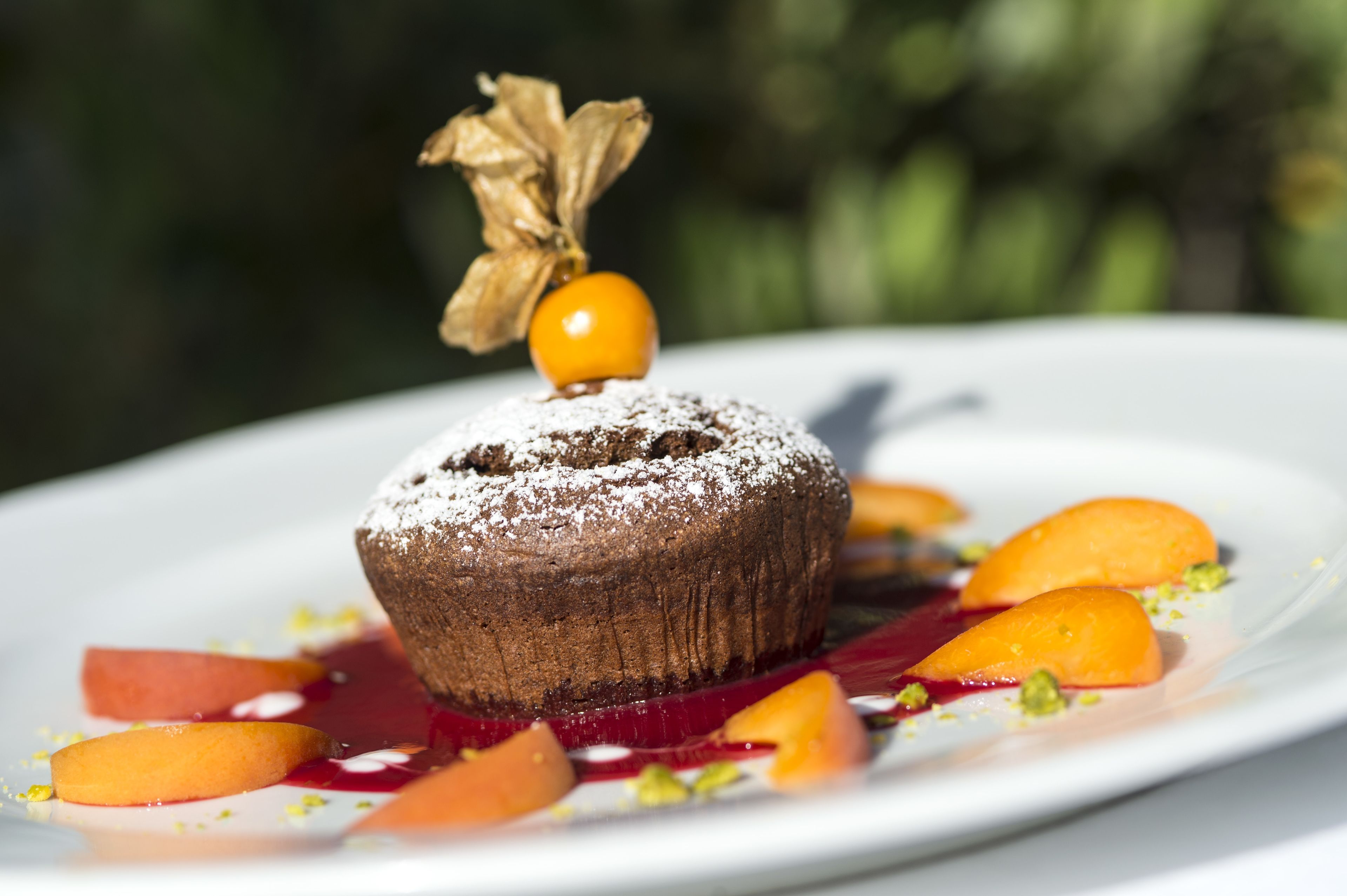 A dessert with a dusting of powdered sugar, a golden fruit on top, and surrounded by fruit slices and pistachios.