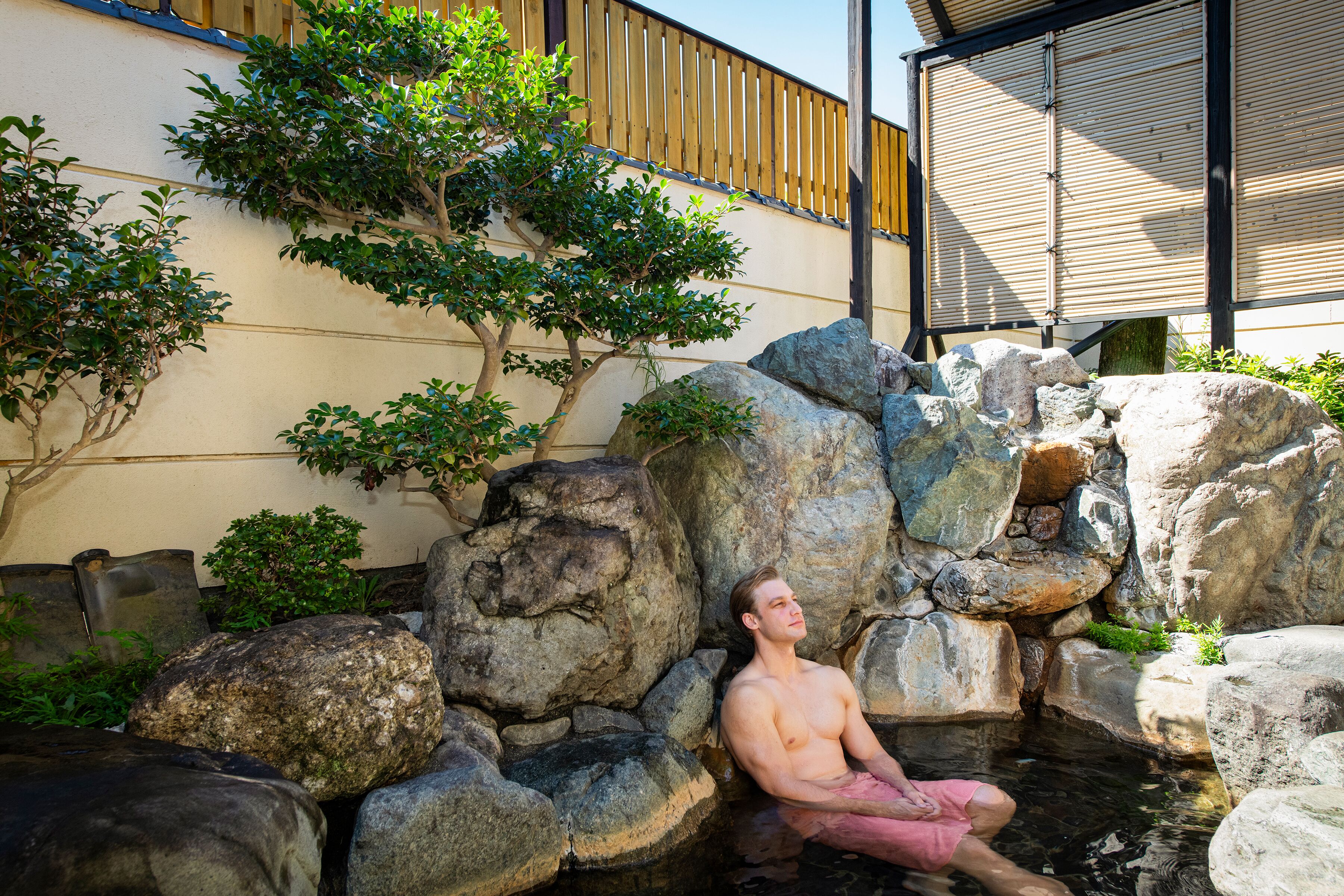 A man sitting by a rock formation with a small pond, surrounded by greenery and a wooden fence.