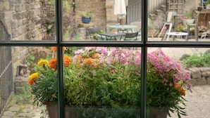 A potted plant with flowers in front of a window overlooking an outdoor seating area with tables and chairs. - The Royal Hotel and Bar (Lancaster)