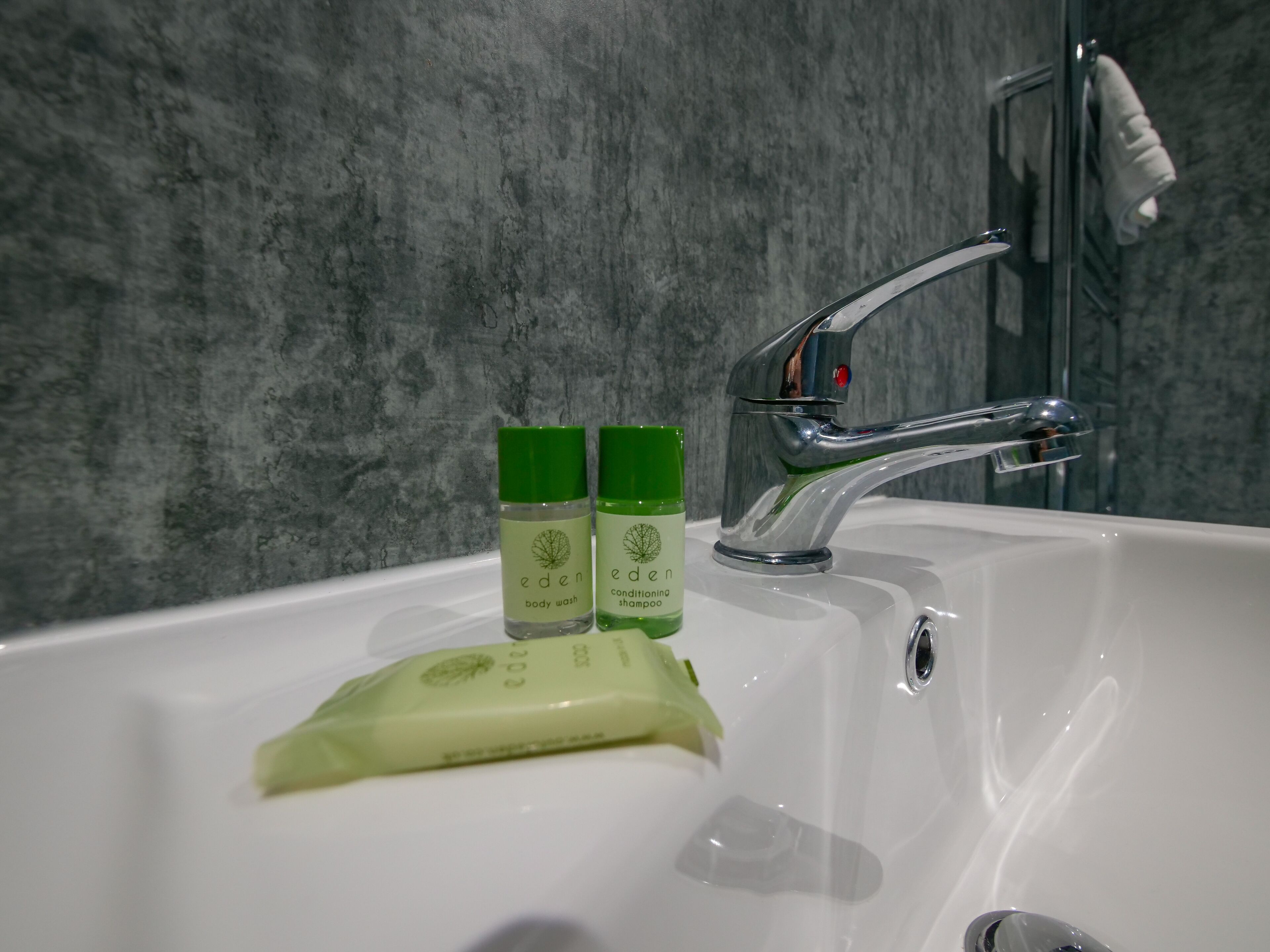 A bathroom sink with two bottles of Eden body wash and conditioner, and a bar of soap.