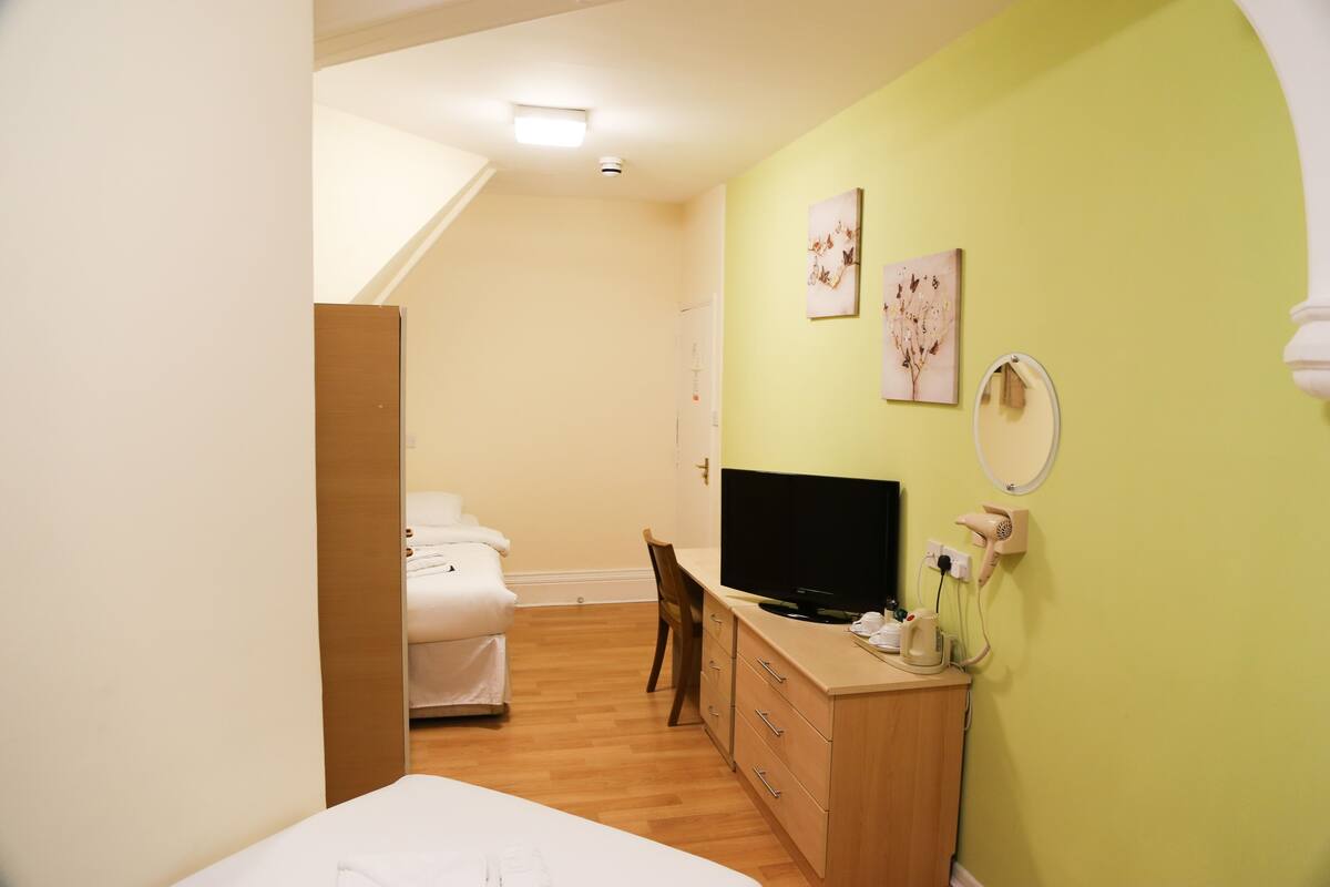 A bedroom with a bed, a TV, a dresser, and a mirror.