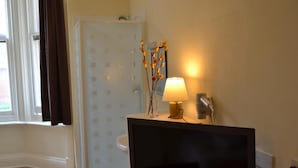 Ein Badezimmer mit Dusche, Toilette, Fernseher und Lampe.