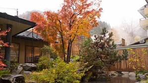 Un jardin japonais traditionnel avec un bassin à carpes koï, des rochers et un feuillage d’automne.