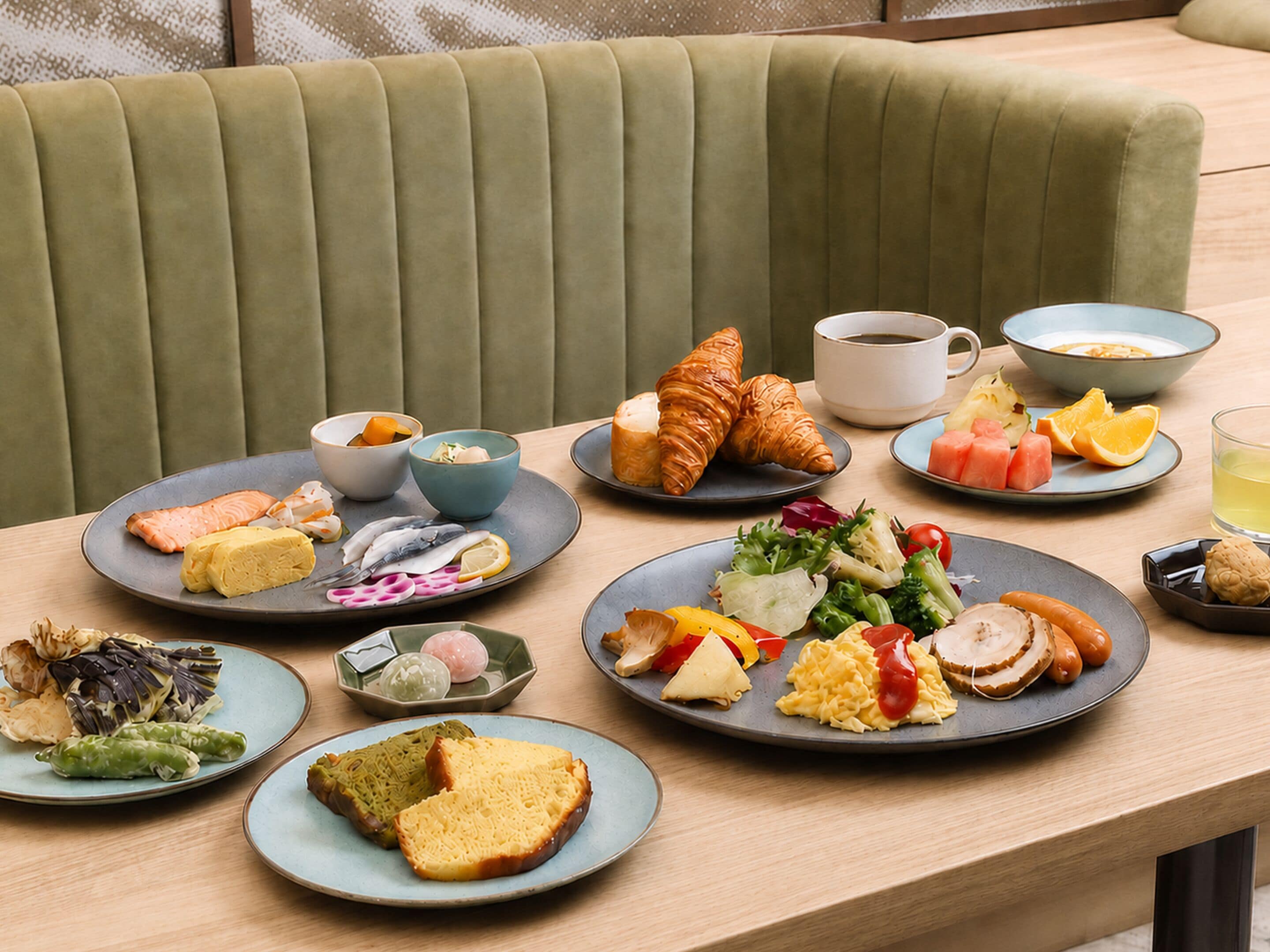 Una mesa de comedor con varios platos de comida, una taza de café y un tazón de sopa.