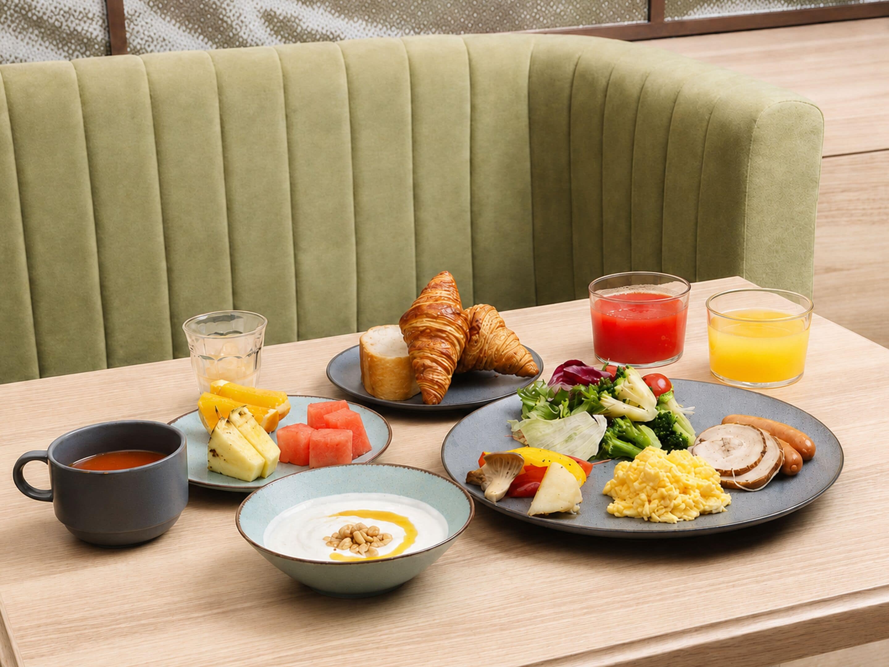 A breakfast setting with croissants, fruit, eggs, and juice on a table.