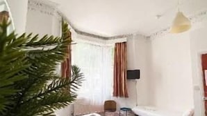 Una camera d'albergo con un letto, un tavolino, una sedia, una televisione e una pianta.