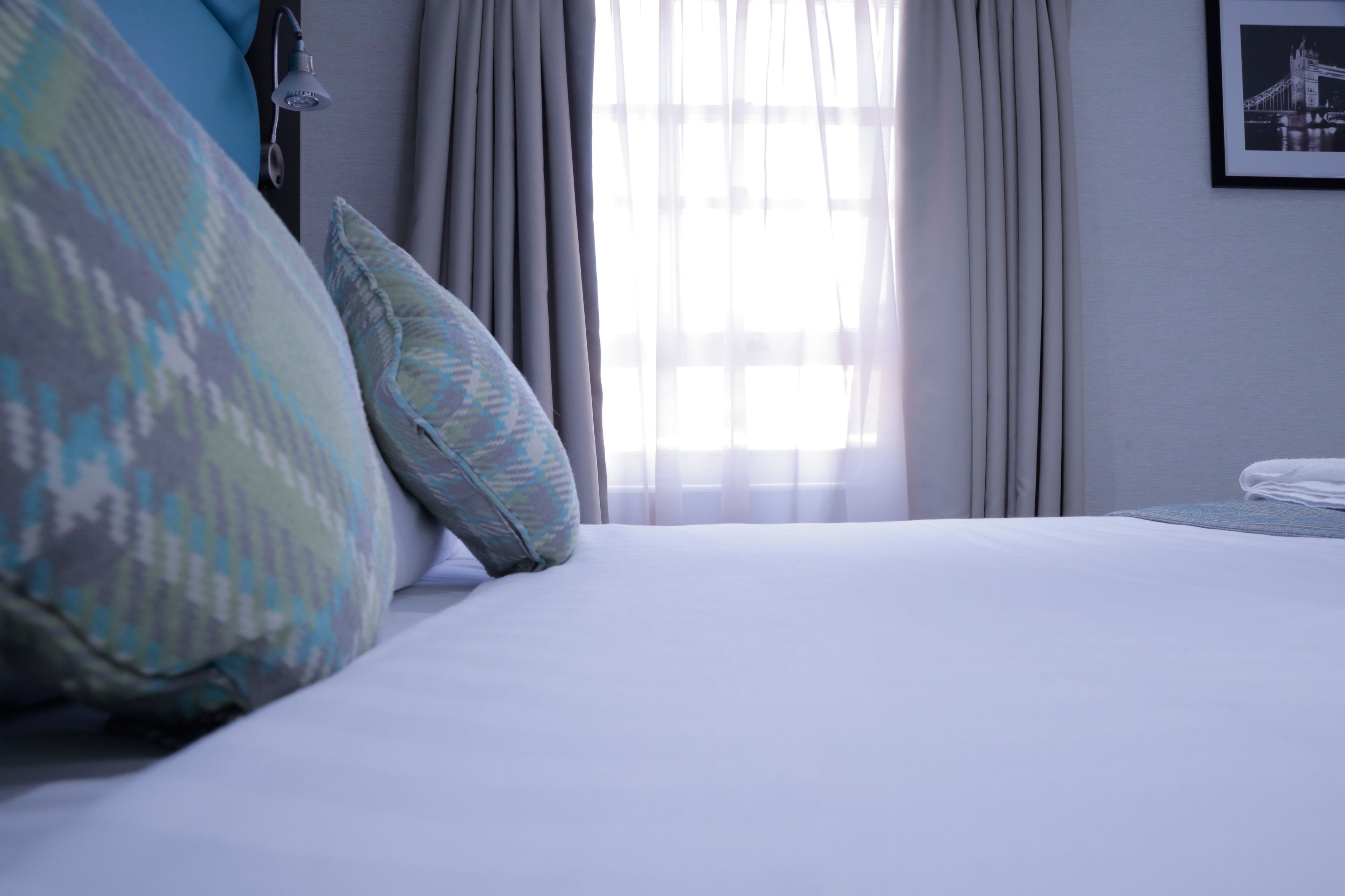 A neatly made bed with patterned pillows, a bedside lamp, and a framed picture on the wall.