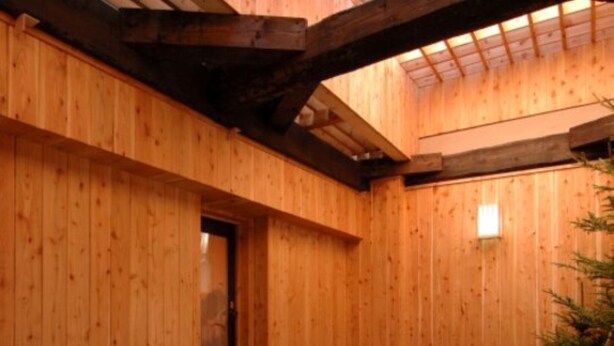 Een houten spa met een stenen warmwaterbron, houten wanden en een betegeld plafond.