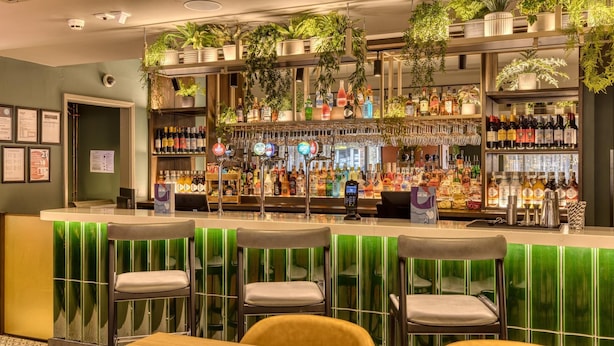 A bar area with multiple seating options, a variety of liquor bottles, and hanging plants. - Premier Inn London Tower Bridge (London)