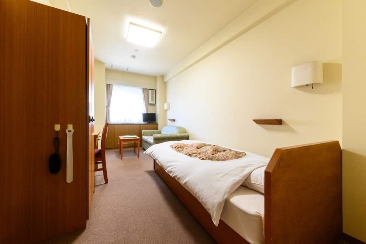 A hotel room with a bed, a desk, a chair, a TV, and a window.