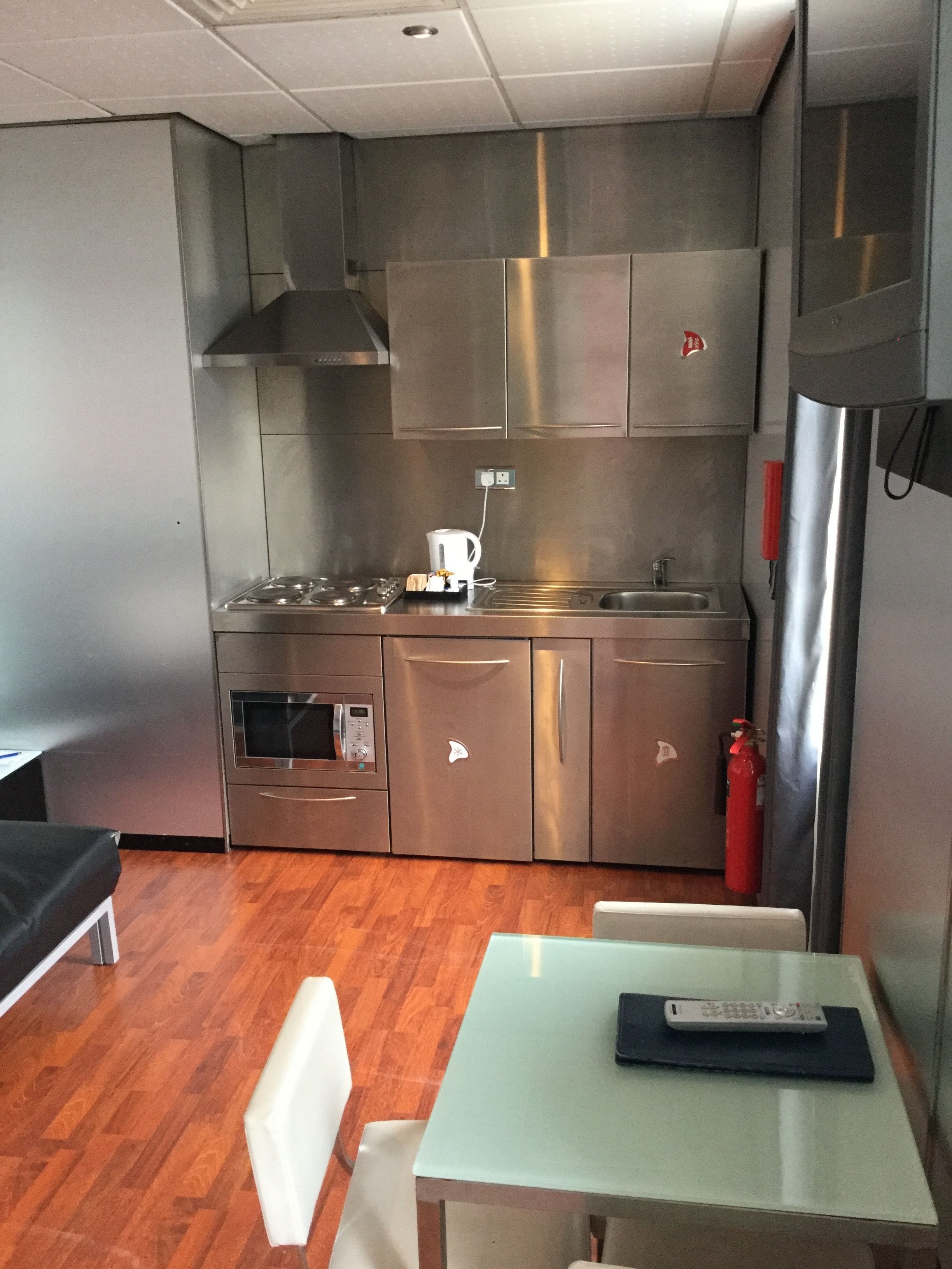 fridge, microwave, electric kettle