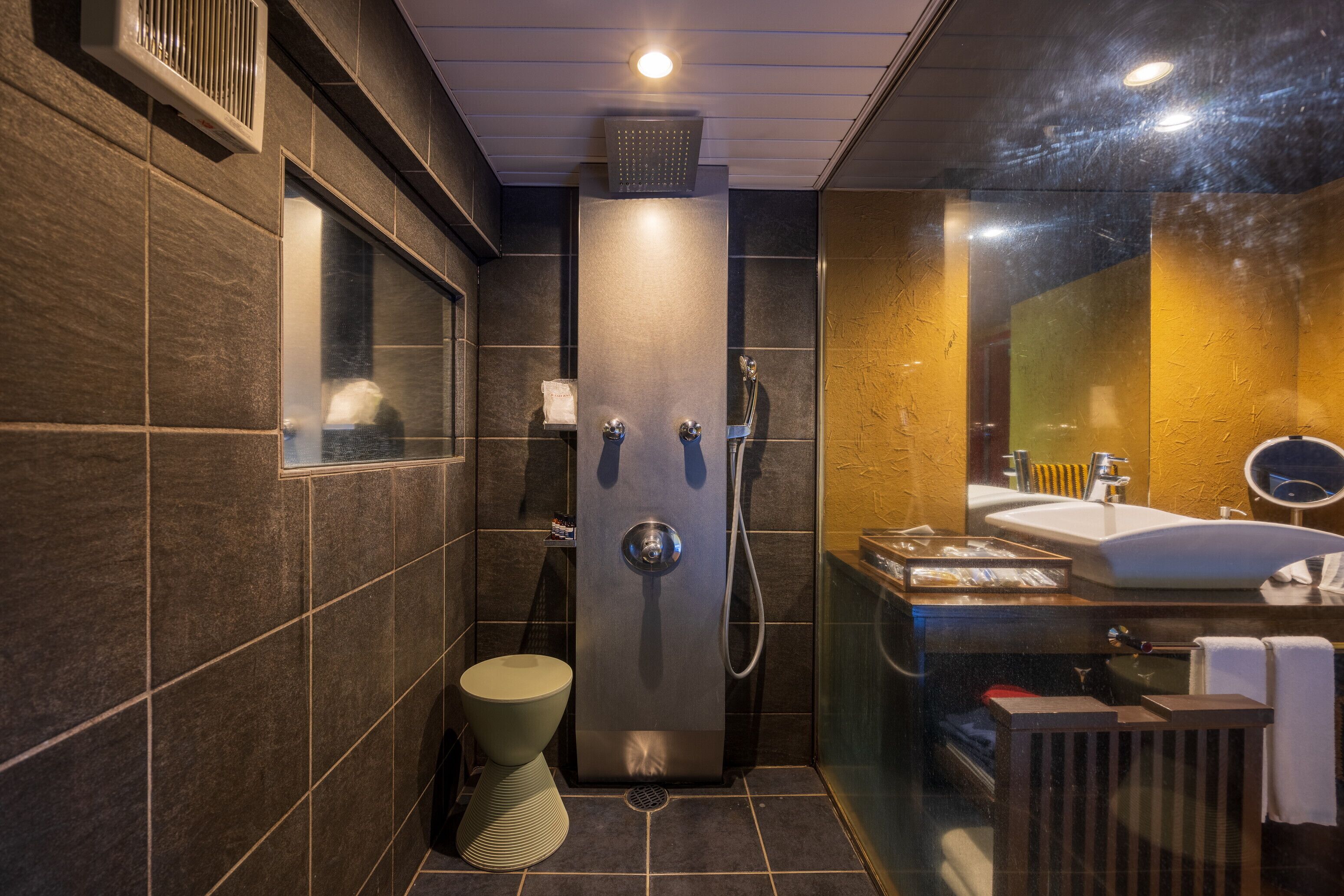 A modern bathroom with a walk-in shower, a toilet, and a sink with a mirror.