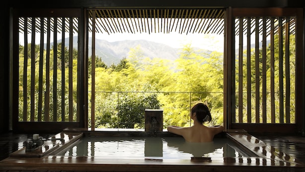 A person relaxing in a wooden hot tub with a view of lush greenery and mountains. - Kinnotake Sengokuhara - Adult Only (Hakone)