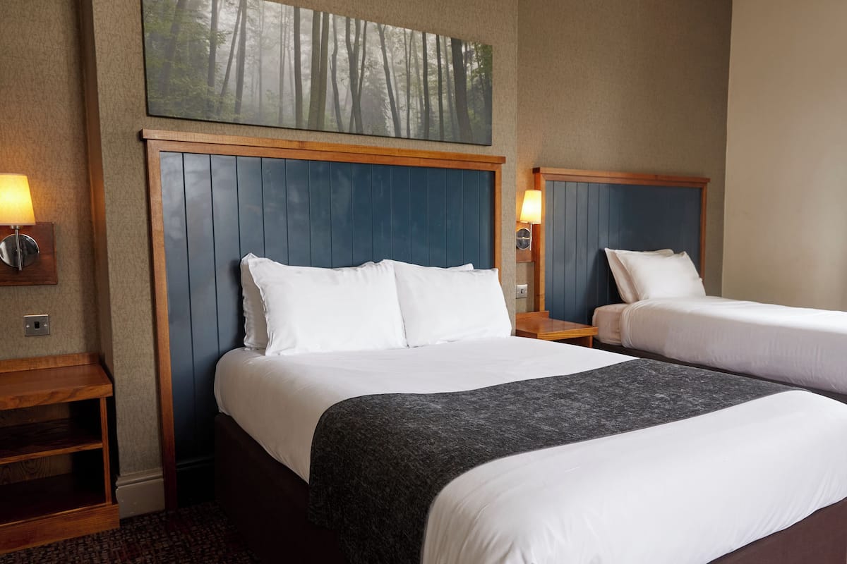 A hotel room with two beds, a large painting of a forest, and a window with curtains.