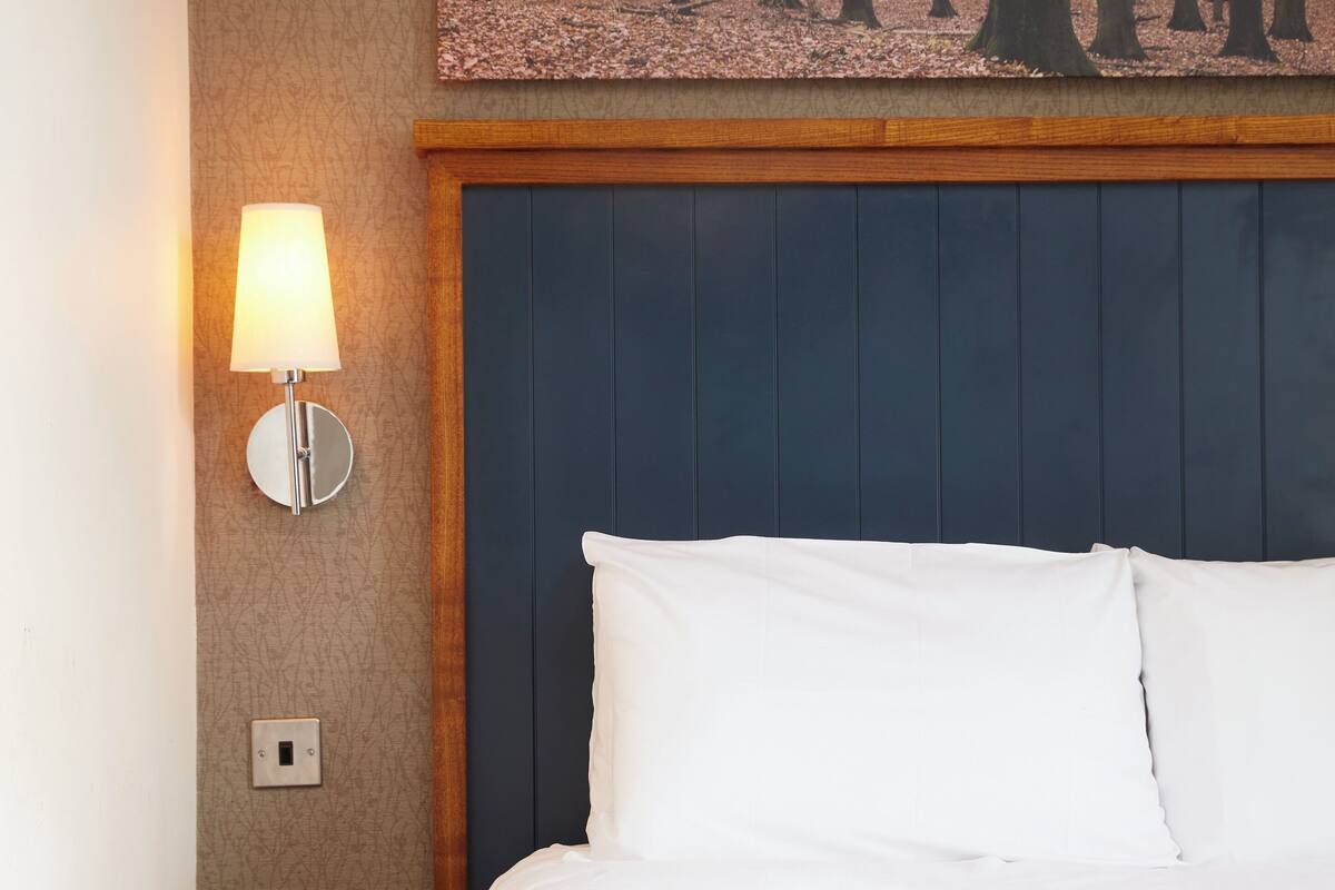 A hotel room with a large bed, a wall-mounted lamp, and a forest-themed painting above the bed.