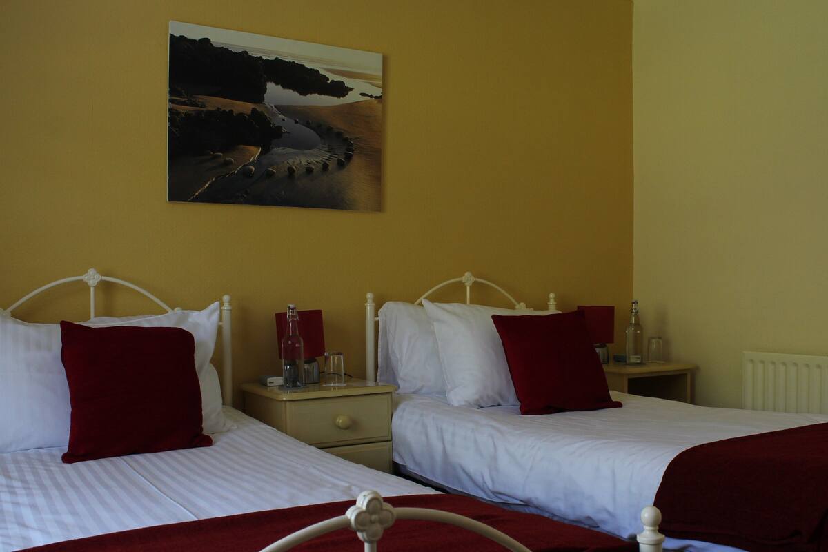 A hotel room with two beds, each with white bedding and red pillows. There is a painting on the wall above the beds.
