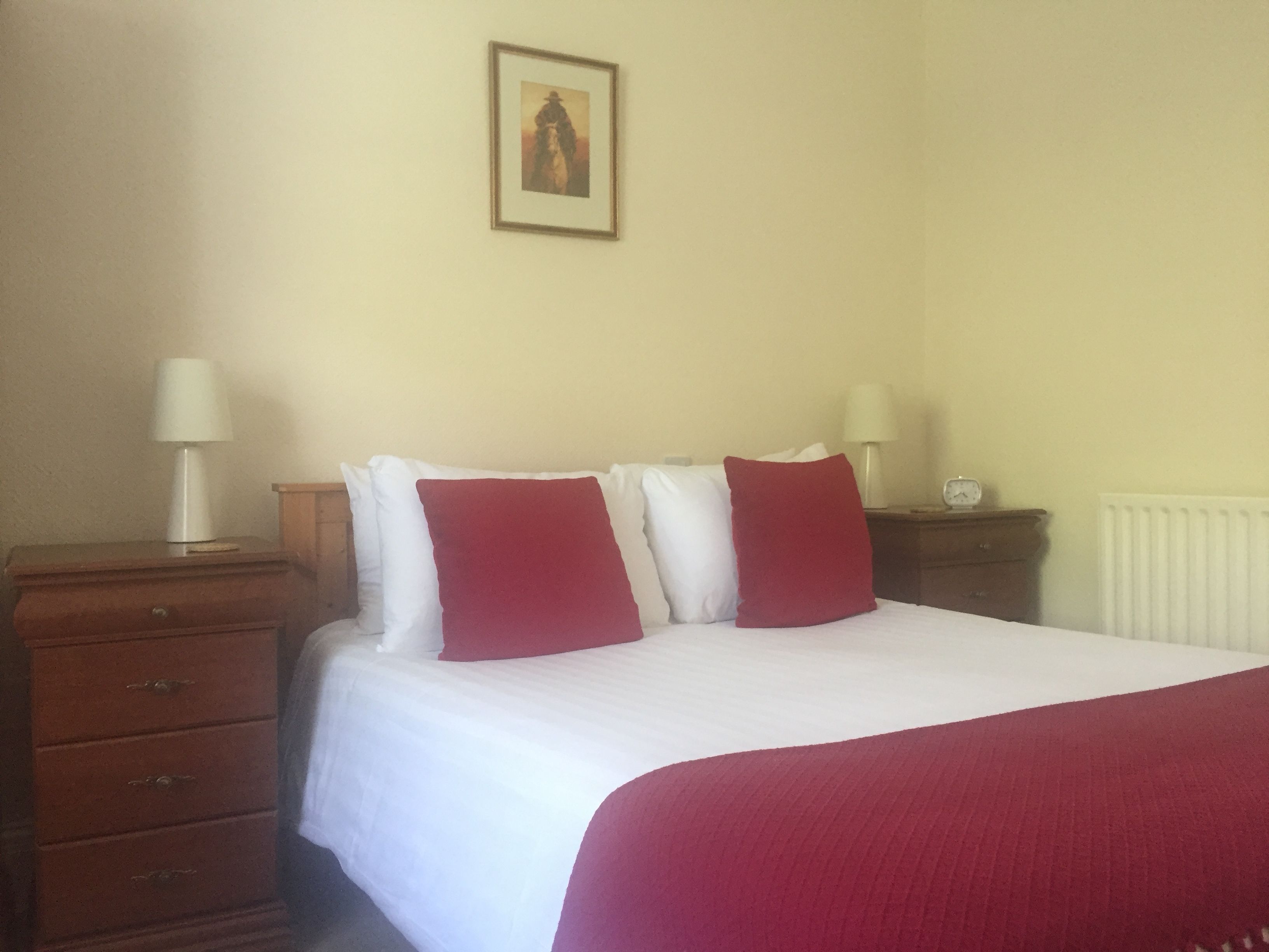 A hotel room with a bed, two bedside tables, a nightstand, a lamp, a framed picture on the wall, and a radiator.