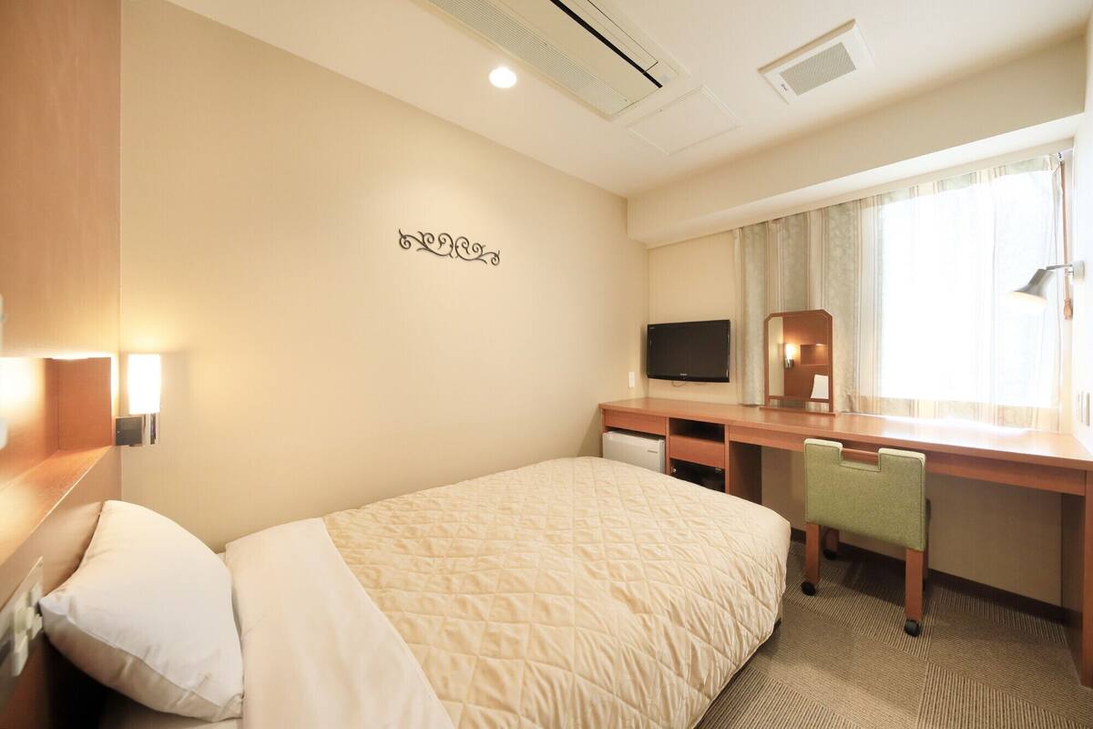 A hotel room with a bed, a desk, a television, and a mirror.