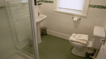 Un baño con inodoro, lavabo y cabina de ducha de vidrio.