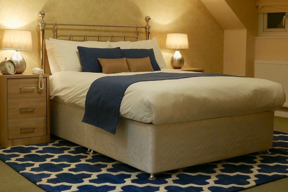 A bedroom with a bed, two bedside tables, a nightstand, a patterned rug, and a picture on the wall.