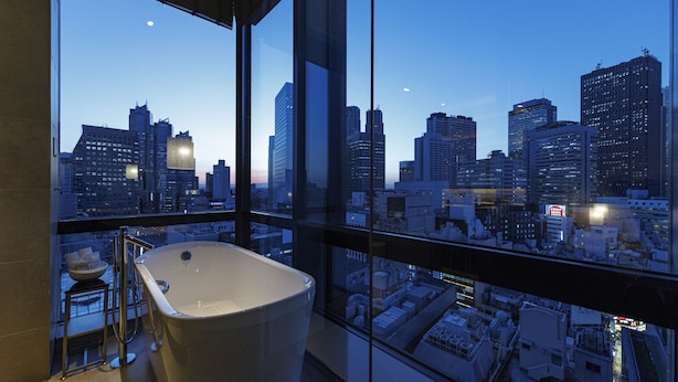 A modern bathroom with a large bathtub, a glass-enclosed window, and a cityscape view.