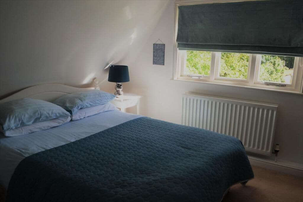 A bedroom with a bed, a nightstand, a lamp, a window with a view of greenery, and a radiator.