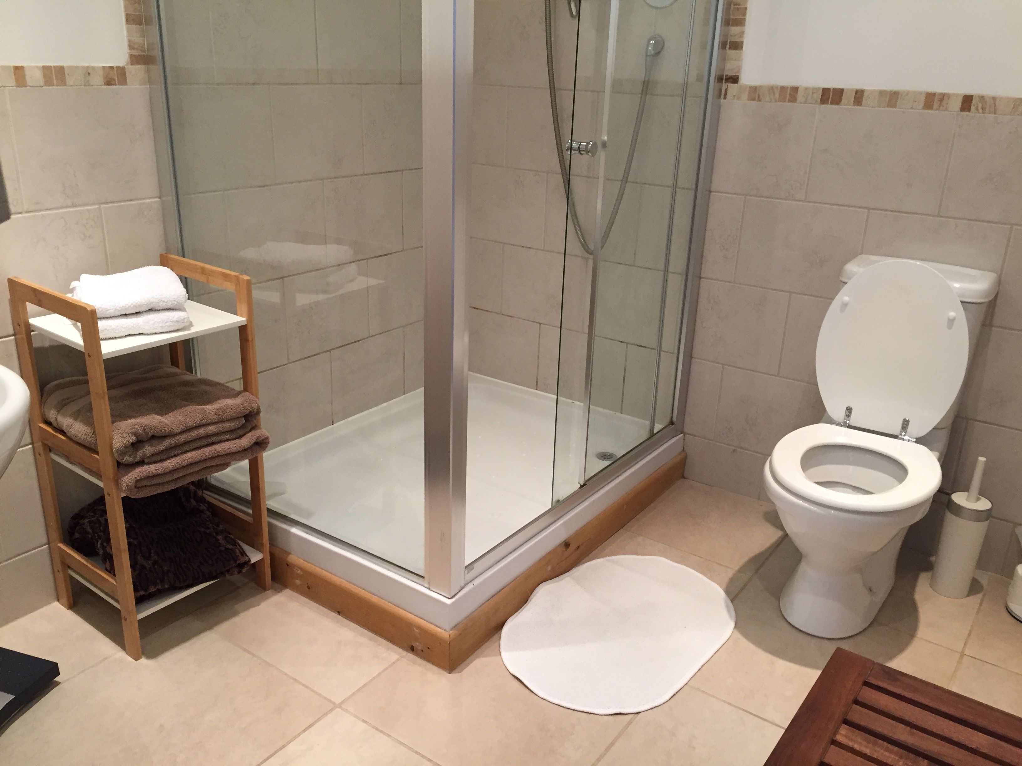 Une salle de bain avec une douche à parois de verre, des toilettes et une étagère avec des serviettes.