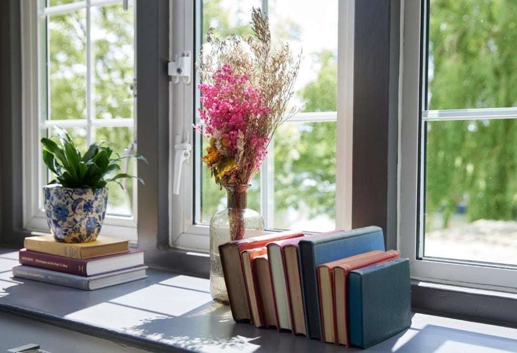 Un alféizar con libros, una planta en maceta y un jarrón con flores.