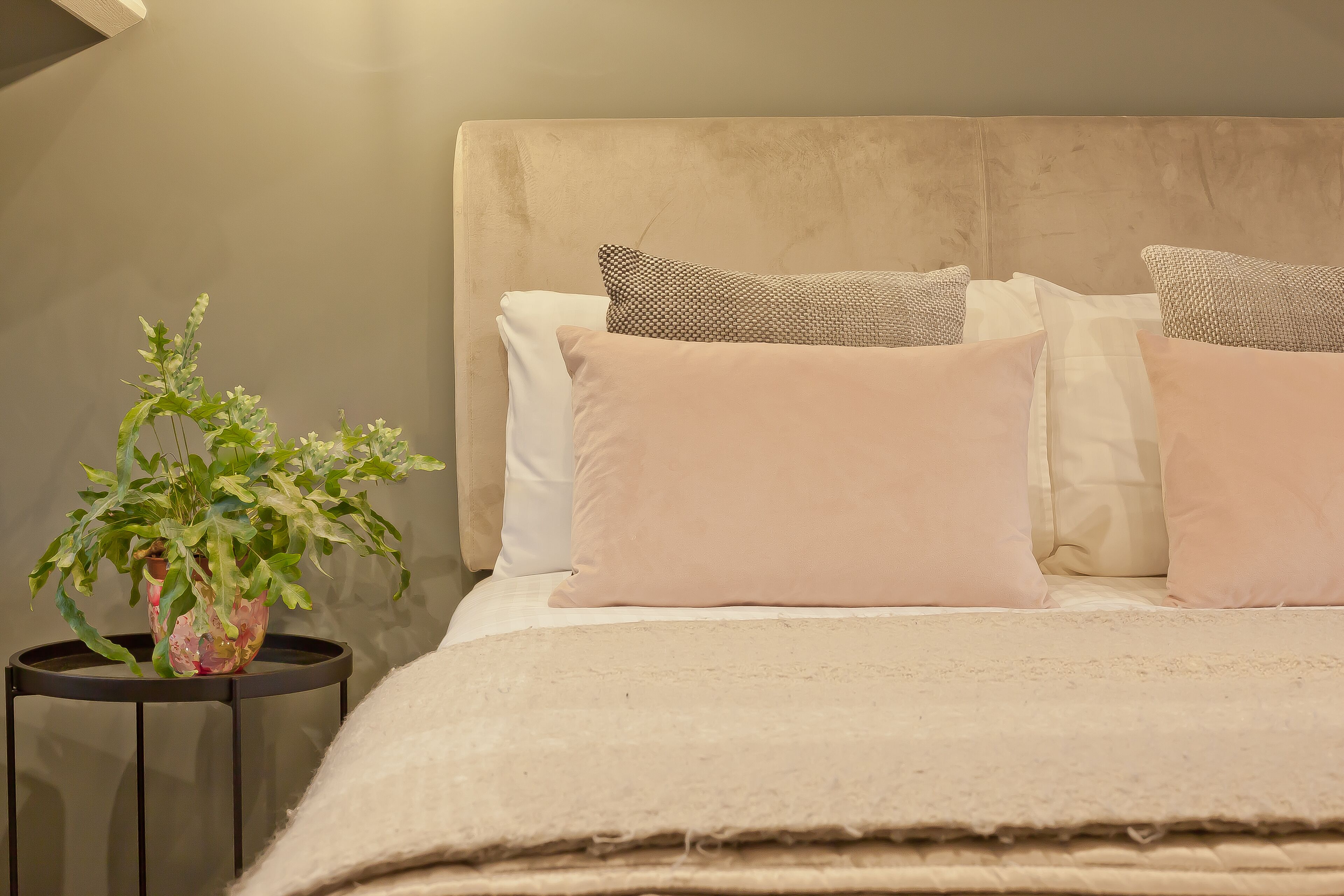 A neatly made bed with a beige headboard, multiple pillows, and a small potted plant on a side table.