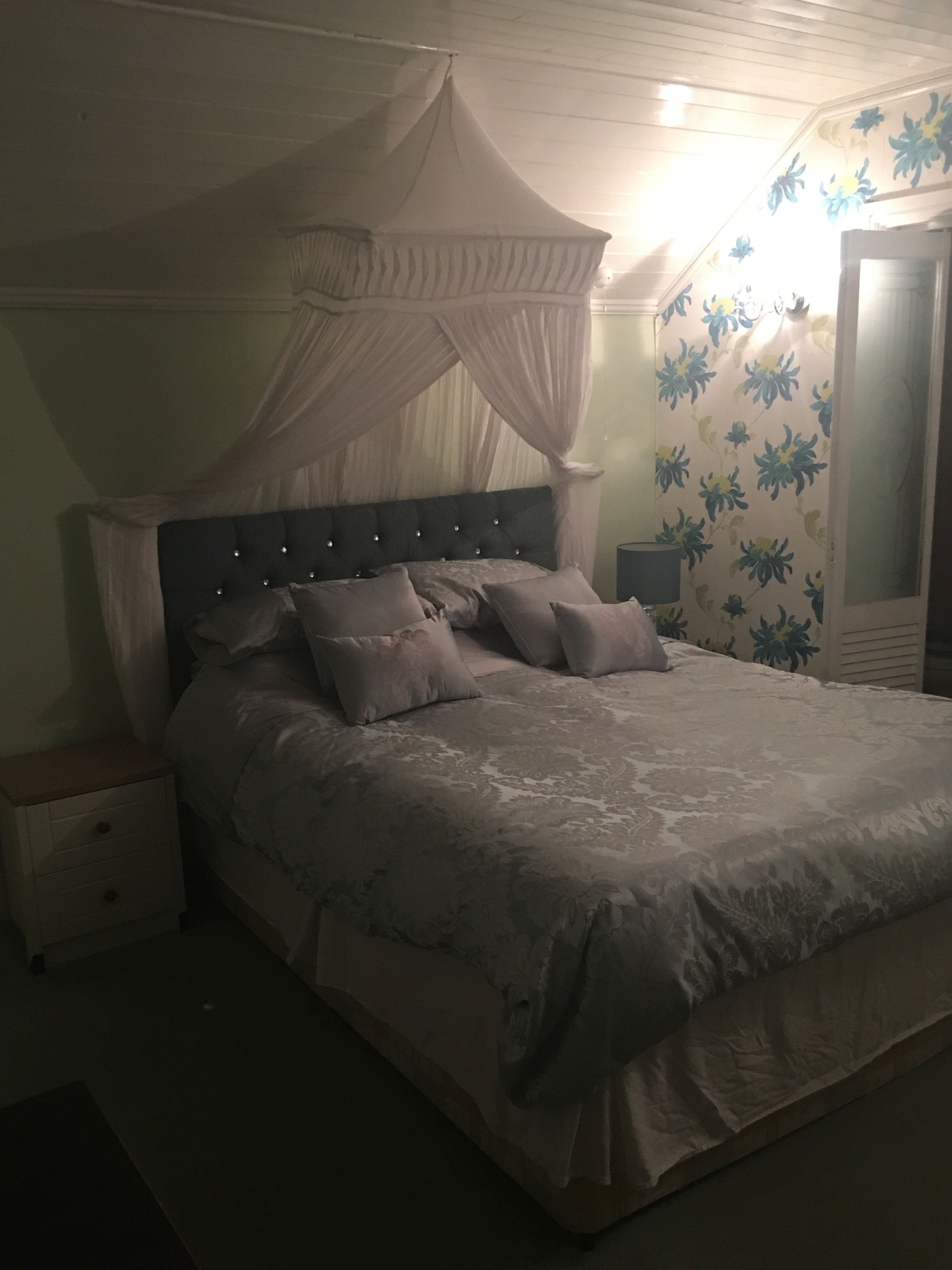 A bedroom with a canopy bed, a nightstand, and a mirror.